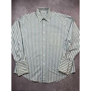 Hugo Boss Mens 42 16.5 Striped Dress Shirt Green White French Cuff Made in Italy
